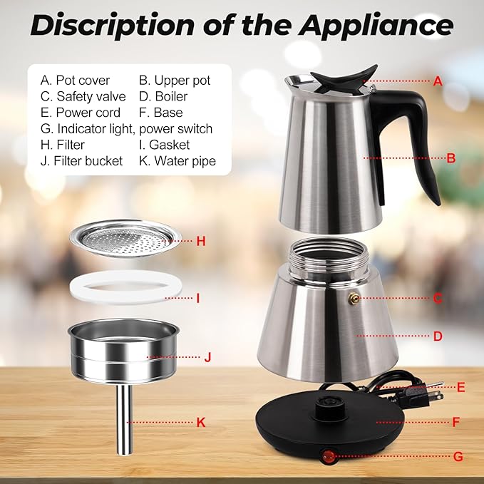 Vaolvpant Electric Stainless Steel Moka Pot 6 Cup 300ml Mocha Pot Espresso Maker with Detachable Base Ideal Coffee Maker for Home Italian and Cuban Café Coffee maker Espresso maker Coffee Pot