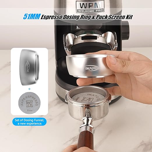 IKAPE Magnetic Dosing Funnel Set, 51MM Espresso Dosing Ring & Puck Screen Kit Compatible with Delonghi 51MM Bottomless Portafilter - with 8 Small Magnet (Silver)