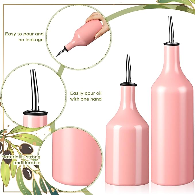 Set of 2 Ceramic Pink Olive Oil Dispenser Bottle for Kitchen with Stainless Steel Spout Large Capacity for Storage of Oil, Vinegar, Coffee Syrups & Other Liquids