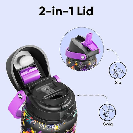 Insulated Water Bottle with Straw - Encool Stainless Steel Water Bottle with Push Button Lid, Leak-Proof & BPA-Free, Keeps Cold for 24 Hours for Sports, Travel, Gym (32 oz, Ghost Party)