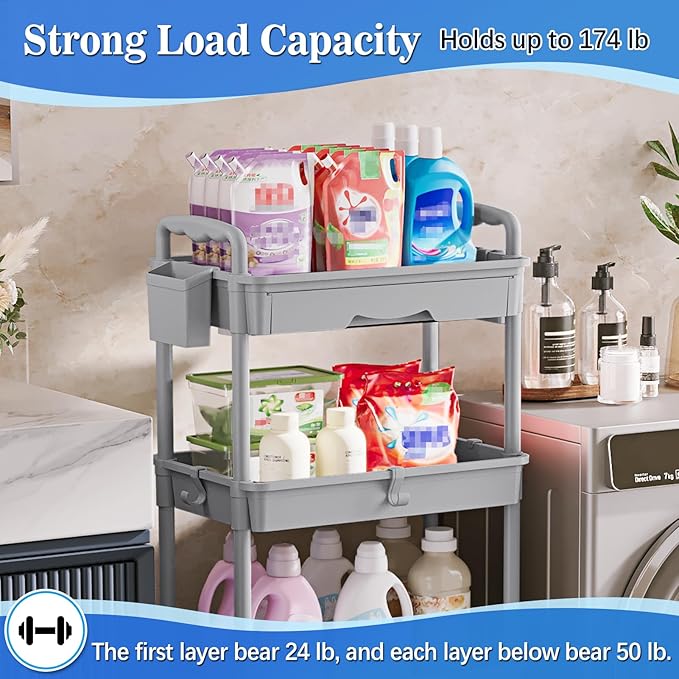 4 Tier Rolling Utility Cart with Drawer, Storage Organizer Cart with 2 Lockable Wheels, Multifunctional Rolling Storage Cart for Bathroom, Kitchen, Craft, Makeup, Baby Essentials, Gray
