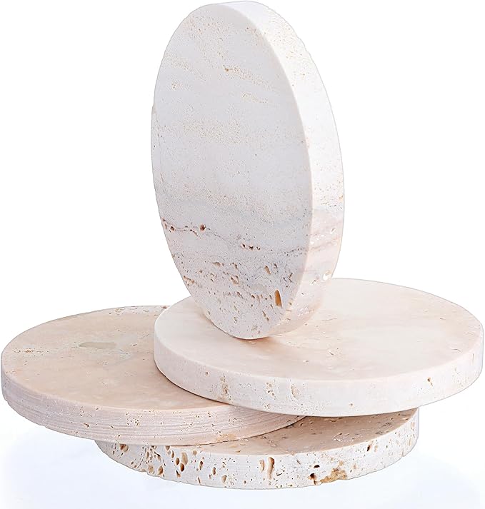 Marble Coasters Set of 4, Natural Travertine Stone Drink Coasters Round Modern Stone Cup Mat 4 Inch with Non-Slip Cork Backing Housewarming Gift for Wedding Christmas Anniversary Present
