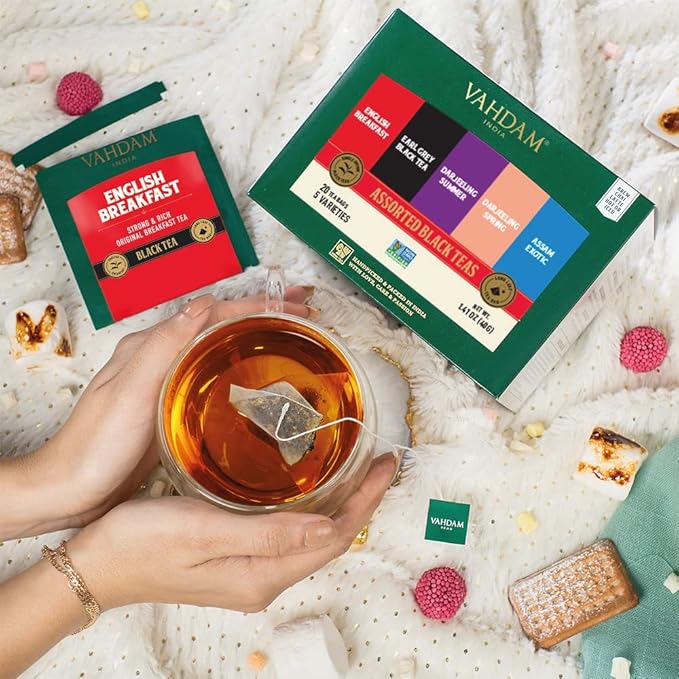VAHDAM, Assorted Black Tea Bags Sampler (5 Flavors, 20 Ecofriendly Pyramid Tea bags) I Valentines Day Gifts for Him & Her | Assam and Darjeeling Teas | Gluten Free & Non GMO