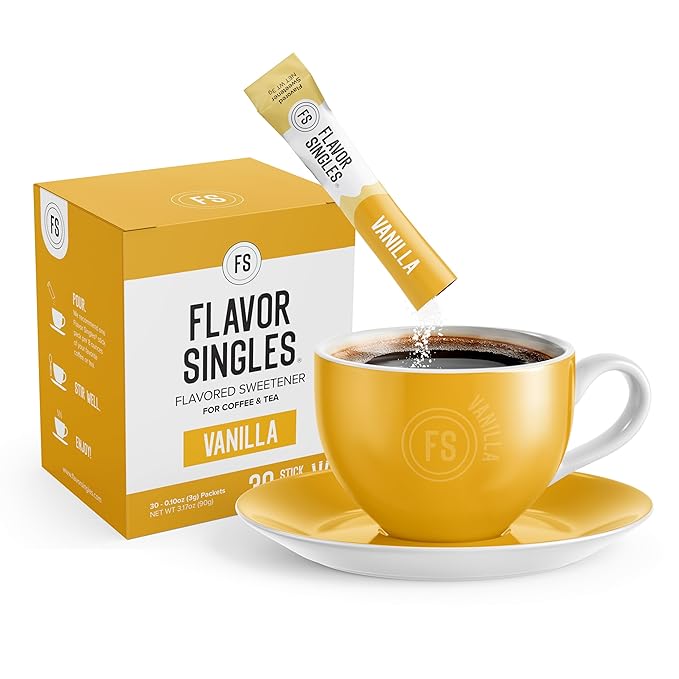 Flavor Singles Vanilla Powdered Sweetener Packets for Coffee & Tea, Travel Ready Single-Serve Syrup Alternative, 30 Count (Pack of 1)