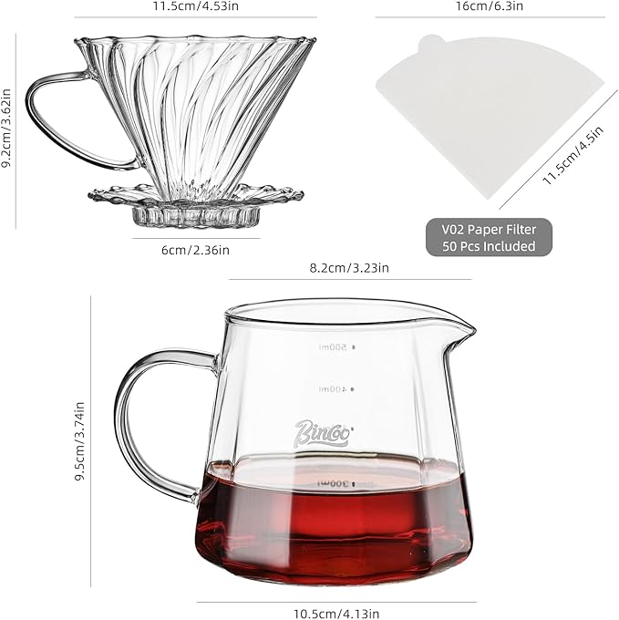 Bincoo Pour Over Coffee Maker Set, V-shape 60° Cone Drip Coffee Maker, Included 16oz Borosilicate Glass Coffee Carafer and Size 02 Coffee Dripper & 50 Pcs Paper Filter (16oz-Clear)