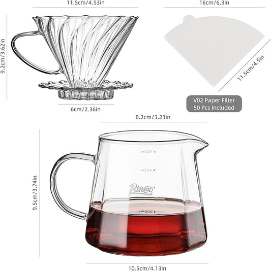 Bincoo Pour Over Coffee Maker Set, V-shape 60° Cone Drip Coffee Maker, Included 16oz Borosilicate Glass Coffee Carafer and Size 02 Coffee Dripper & 50 Pcs Paper Filter (16oz-Clear)