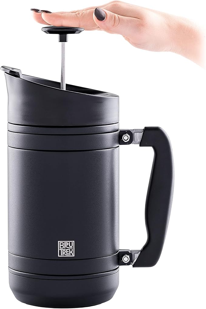 BruTrek BaseCamp Coffee Press - Double Wall Insulated Stainless Steel - Bru-Stop Technology, No Grounds in Coffee, No Spill Lid (Obsidian, 32 fl.oz)