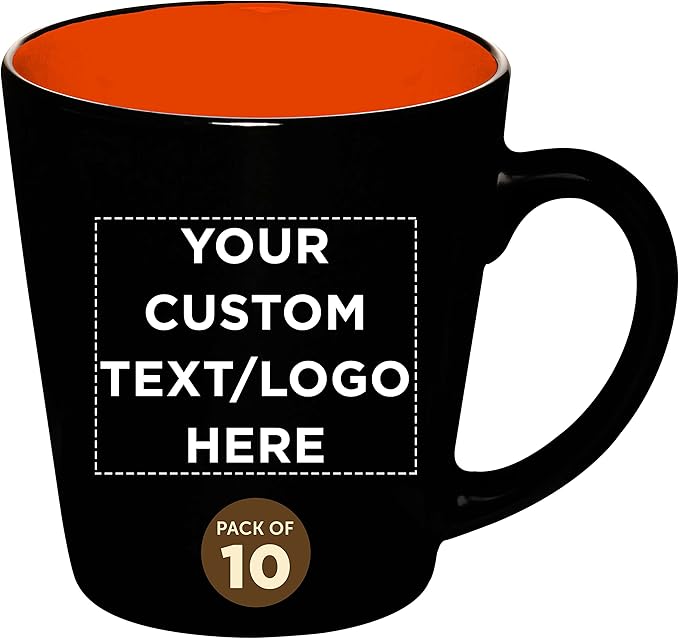 Custom Ceramic Coffee Latte Mugs 12 oz. Set of 10, Personalized Bulk Pack - Perfect for Coffee, Tea, Espresso, Hot Cocoa, Other Beverages - Orange