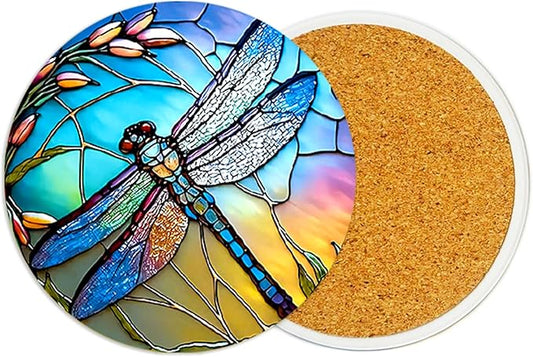 2Pack Dragonfly Ceramic Coasters Absorbent Coasters for Drinks with Cork Base,Coaster for Table Office Desk Coffee Cup Wine Beer Bar Cup Mat 3.9 Inch,Dragonfly Gifts for Women,Men,Dad