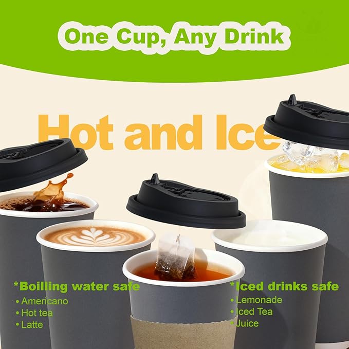 100 Pack 12 oz Disposable Coffee Cups with Lids and Sleeves, Leak-Proof To Go Coffee Cups, PLA Paper Coffee Cups for Hot Beverage