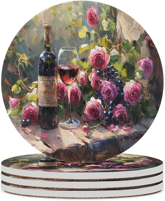 Red Wine Drink Coasters, Round Ceramic Drink Coaster Round-4PCS, Oil Painting Style Vintage Red Wine Flower Grapes Rose Floral Decor Absorbent Ceramic Coasters for Beverage Cup, Bar, Coffee Table