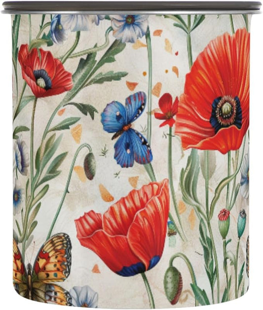 ALAZA Red Poppy Flowers Butterfly Airtight Coffee Bean Canister 500ml Food Storage Containers with Lids For Gournd, Tea, Sugar, Flour, Rice, Cereal, Candy Cookie Jar