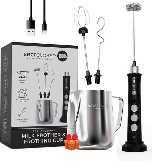 Secretbase USB-C Rechargeable Milk Frother and Cup Set, 3 Speed, Cordless Charging Cradle - Handheld Milk Frother, Double-thickness Whisk, Tiny Egg Beater, Mini Electric Coffee Stirrer(Black)