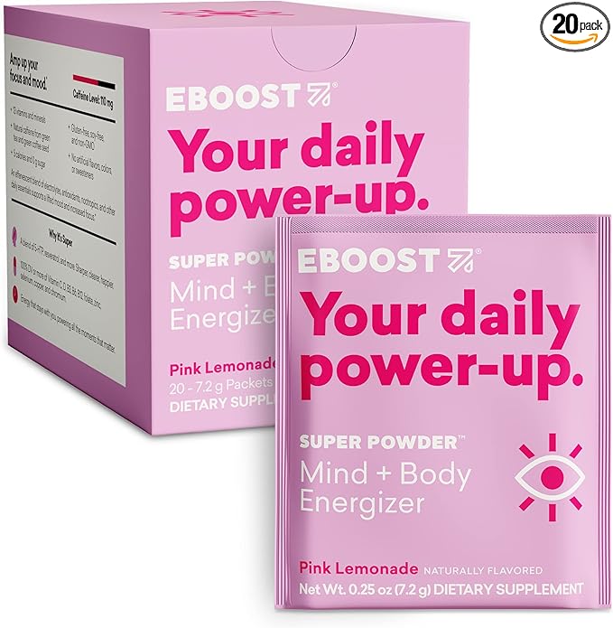 EBOOST Energy Drink & Electrolyte Powder, 20 Packets - Super Powder Pink Lemonade with No Added Sugar - Essential Blend of Vitamins, Nootropics & Natural Caffeine and Hydration - Pre & Post Workout