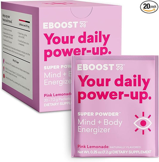 EBOOST Energy Drink & Electrolyte Powder, 20 Packets - Super Powder Pink Lemonade with No Added Sugar - Essential Blend of Vitamins, Nootropics & Natural Caffeine and Hydration - Pre & Post Workout