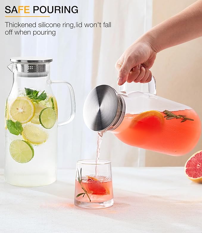 LUNA&MANTHA 2 Pack 2 Liter 68 oz Glass Pitcher with Lid and Handle, Water Pitcher for Fridge, Large Ice Tea Jug for Hot/Cold Drinks, Thick Borosilicate Glass Carafe for Coffee, Juice, Sangria
