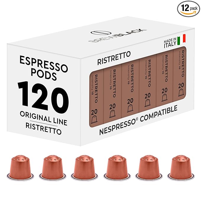 BrewBlack Ristretto Coffee Capsules - 120 Aluminum Coffee Pods Compatible with Nespresso Original line, Medium Roast - Intensity 10/12, Made in Italy