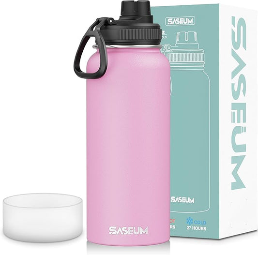 SASEUM Sport Water Bottle 32oz Stainless Steel Double Wall Vacuum Thermal Mug with Leak Proof Spout Lids, Wide Mouth Metal Insulated Water Jug for Gym and Travel（Pink）