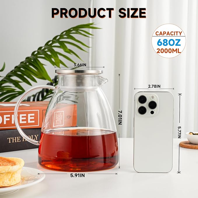 GURUDAR 68OZ/2000ML One Touch Glass Teapot with Stainless Steel Filter Lid, Stovetop & Microwave Safe Tea Maker Water Kettle, Strainer & Cover 2 in 1 Loose Leaf Tea Steeper Pot Coffee Carafe