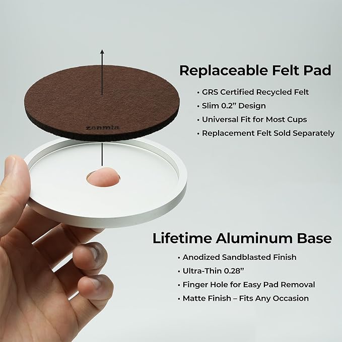 Modern Coasters Set of 1 Base & 3 Felt Pads, Non-Slip Absorbent Coaster for Hot & Cold Drinks, Replaceable Inserts, Metal Coaster for Home, Office, Bar, Outdoor (Mocha Brown)