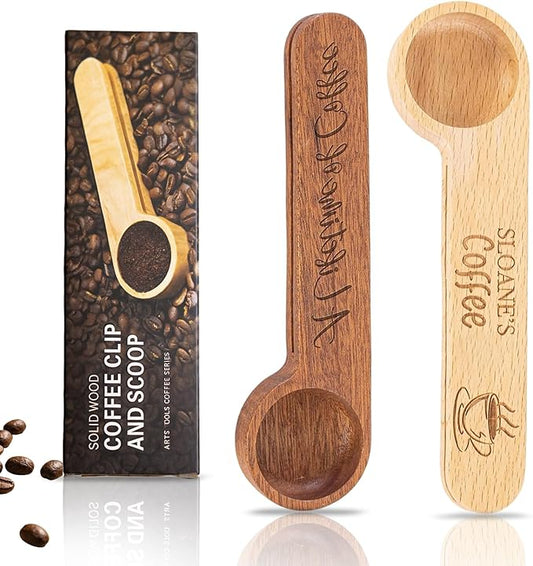 Personalized Wooden Coffee Scoop with Clip, Custom Engraved Measuring Coffee Spoon with Name for Ground Beans or Tea, Sugar, Protein Powder, Coffee Lover Family Dad Mom Birthday Valentines Gifts