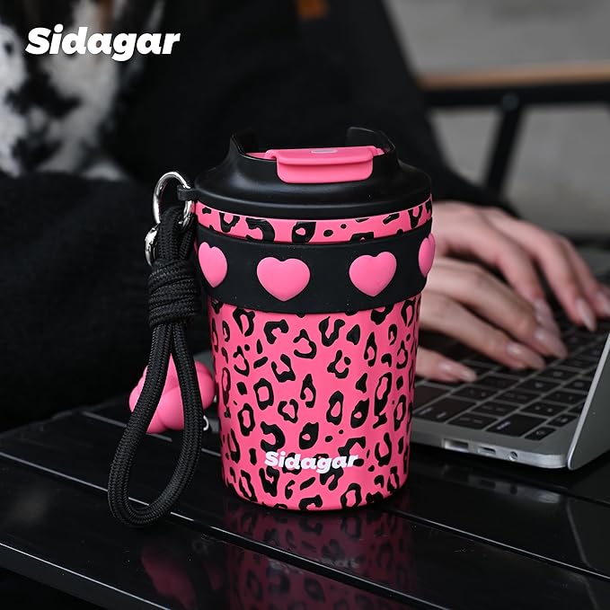 12 oz Travel Coffee Mug Spill Proof Leak Proof, Stainless Steel Thermal Coffee Cup with Lid, Resuable Cup for Hot and Cold, Portable Tumbler for Women, Pink Leopard