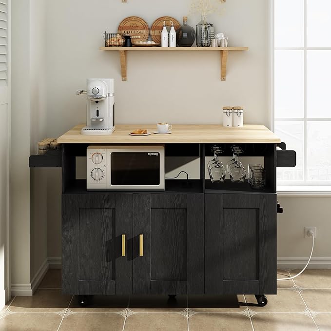 Rolling Mobile Kitchen Island with Storage and Drop Leaf, Island Table with Countertop Power Socket and Wheel (Black, Model 1.2)