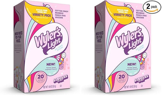 Wyler's Light Singles to Go Powder Packets, Water Drink Mix, Variety Pack, Watertok Fun Flavors, Cotton Candy, Mermaid, Peach Ring, Unicorn, Sugar & Caffeine Free, On-The-Go,20 Count (Pack of 2)
