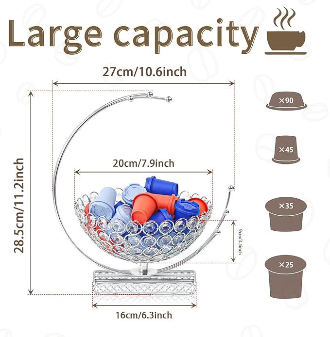 Metal & Crystal Coffee Pod Holder & Candy Basket - Elegant Multipurpose Storage Organizer for K Cups, Espresso Pods, Treats - Kitchen, Office, Home Bar (Silver, 2 PCS)