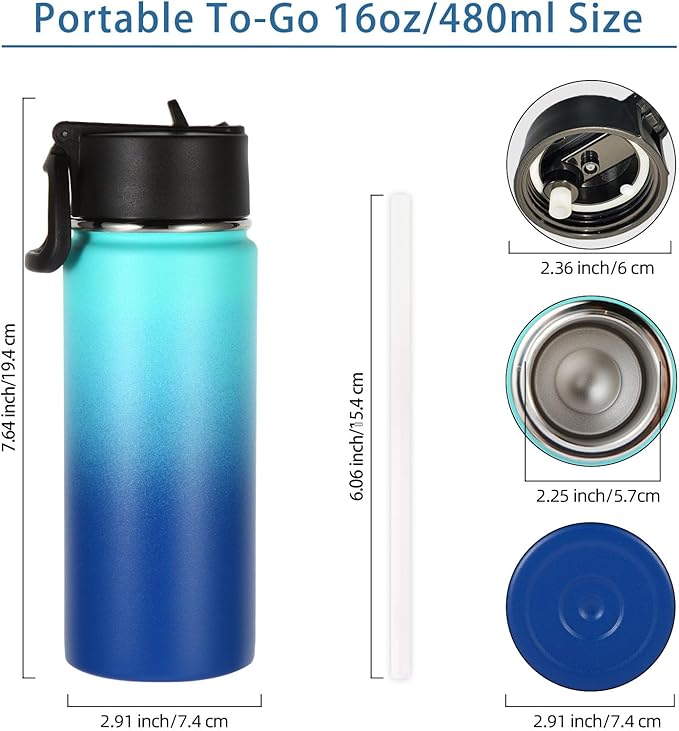 Volhoply 16 OZ Kids Water Bottle Bulk 4 Pack,Insulated Sports Bottles with Straw Lid,Stainless Steel Bottle with Handle Keep Cold & Hot,Double Wall Vacuum Tumbler Cups for School(Green Blue, 4)