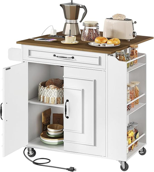 Kitchen Island with Power Outlets & Drop Leaf, Rolling Kitchen Cart on Wheels, Kitchen Storage Island with Spice Rack and Drawer for Kitchen, Dinning Room, White and Walnut