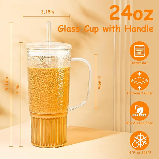 Glass Cups with Lids and Straws,24oz Glass Tumbler with Handle Iced Coffee Cup for Coffee,Juice,Tea,Milk,Smoothie,Hot & Cold Drinks (Clear)
