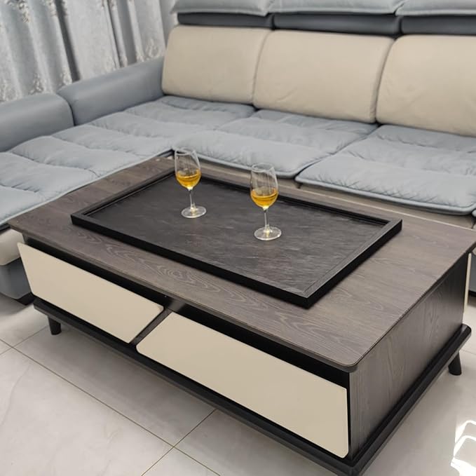 35 x 18 inches High-End Light Luxury Leather Rectangle Oversized Service Tray for Ottoman Tray, Coffee, Food, Family Dinner, Picnic, Party Essentials (Black, 35 x 18 inch)