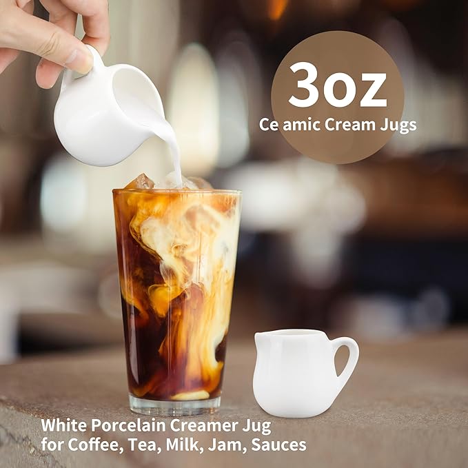 12 Pack 3 oz Mini Ceramic Creamer with Handle, White Porcelain Mini Cream Pitcher with Handle, Small Sauce Jus Mini Pitchers for Sauces for Milk, Coffee, Jam, Syrup