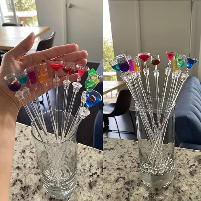 Swizzle Sticks Colorful Clear Beverage Stirrers 9.05" Drink Stirrer Cocktail Stirrer Clear Shafts Cocktail Drink Stirrers for Bars Cafes Restaurants Home Use 10 Pieces