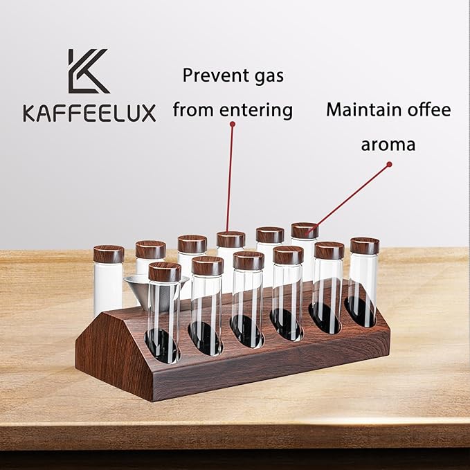12-Piece Vacuum Coffee Canister Set with Wooden Holder & Funnel – Airtight Glass Jars for Coffee Beans, Tea, Snacks (Walnut Wood Stand)