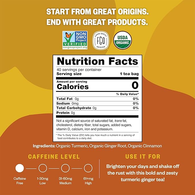 FGO Organic Turmeric Ginger Herbal Tea, 40 Count, Eco-Conscious Tea Bags, Caffeine Free (Pack of 1)