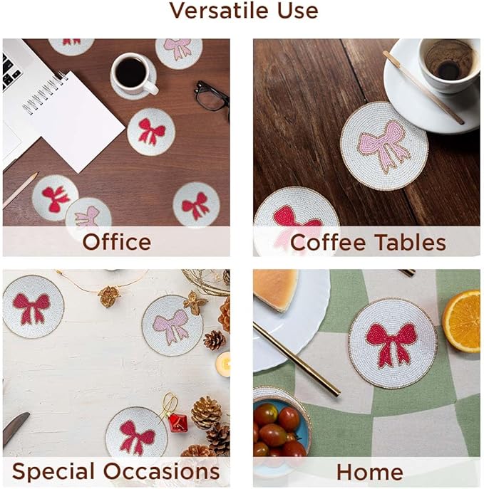 Folkulture Valentine Beaded Coasters Set of 4 (4″) | Handmade Boho Drink Coasters, Decorative Table Protection for Coffee & Cocktails | Romantic Gift for Her | Cute Valentine Table Décorations