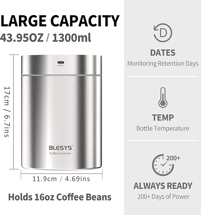 Smart Vacuum Coffee Canister, Automatic Stainless Steel Food Storage Container, LCD Monitoring, One-touch Freshness, Date Tracker, Extra-long Standby Time, holds 16oz Coffee Beans (Silver, 1.3L)