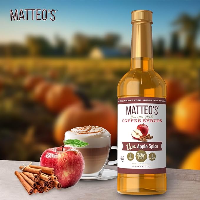 Matteo's Apple Spice Syrup for Coffee, Lattes, Cappuccinos & Desserts – Sugar-Free Sweetener for Beverages, Keto Friendly, Zero Calories, Indulgent Flavor, Non-Alcoholic, Ideal for Coffee 33.8oz (6pk)