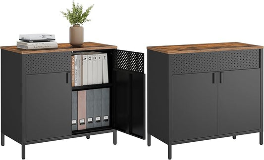 SONGMICS Set of 2 Storage Cabinets, Metal Cabinet, Sideboard with 2 Doors, 15.7 x 31.5 x 29.9 Inches, Magnetic Closure, Adjustable Shelf, Steel Frame, Rustic Brown and Black ULSC791B01