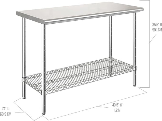 Seville Classics Commercial Work Table Island Utility Cart Prep Station, for Restaurant, Kitchen, Warehouse, Garage, Hotel, Home, Stainless-Steel Top NSF , 49" W x 24" D