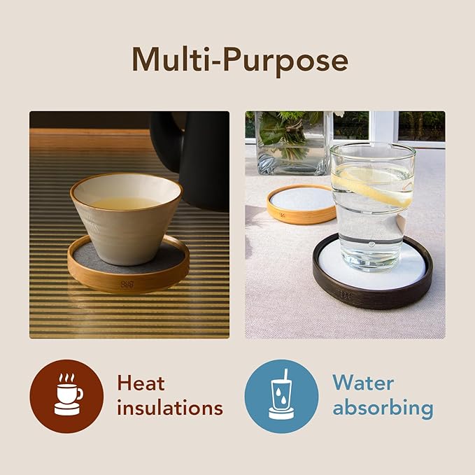 GUDEE TRIVI Set of 4 Absorbent Diatomite Coasters With Diatomaceous Earth and Bamboo Frame, Water Absorbing for Bottles, Dry Table, Countertop, Sink Area, Kitchen Bathroom Surface, Grey