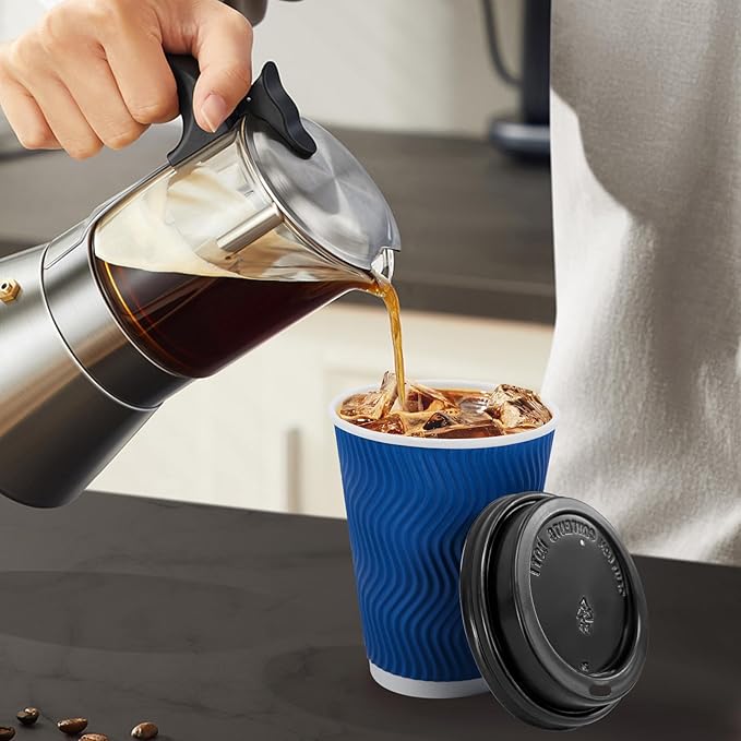 Clawsoff 500 Pack Coffee Cups with Lids 12oz, Disposable Insulated Ripple Wall To Go Paper Coffee Cups for Hot/Cold Drinks Office Home Shop Event (Navy)