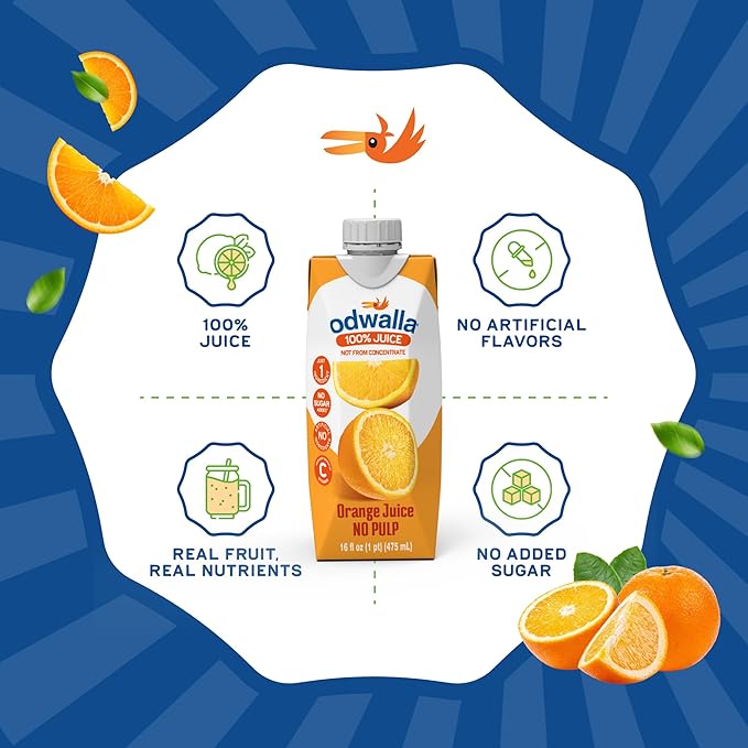 Odwalla Orange Juice, No Pulp - 100% Pure Orange Juice, Pulp Free - Vitamin C - No Added Sugar, No Artificial Ingredients, No Preservatives - 16 fl oz of OJ (12 Pack)