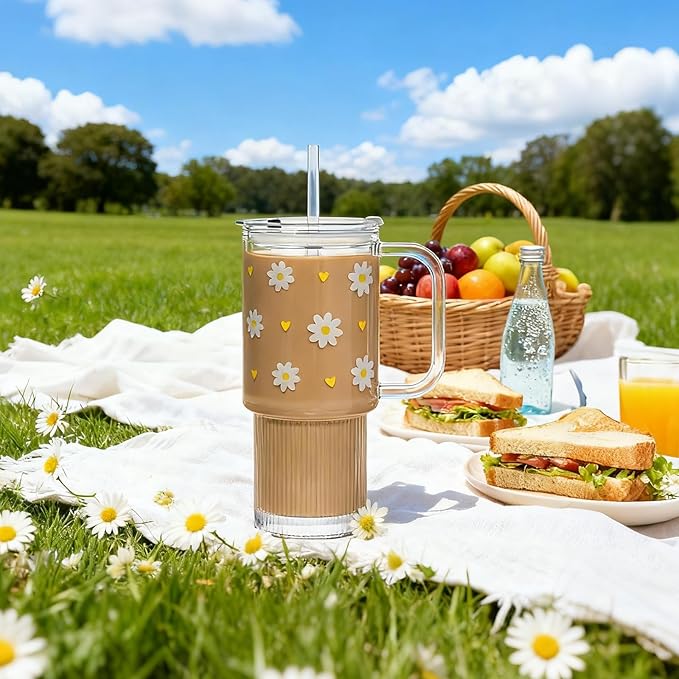 INSETLAN Daisy Glass Cups for Women, 26oz Clear Glass Tumbler with Lid and Straw, Customizable Aesthetic Flower Mug for Birthday, Mother’s Day, Christmas, Girl Gifts