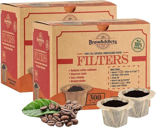 Brew Addicts 600 Paper Coffee Single-Use Filters, Brown, All-Natural & Unbleached for Keurig Brewers and Compatible with K-Cup Pods 1.0 & 2.0 Models, Disposable filters