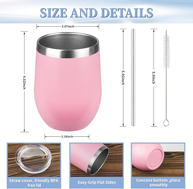 12oz Wine Tumbler with lid, Stainless Steel Travel Mugs Stemless Double Wall Insulated Coffee Cup, Insulated Wine Glasses Travel Tumbler for Cold & Hot Drinks(Light Pink, 1)