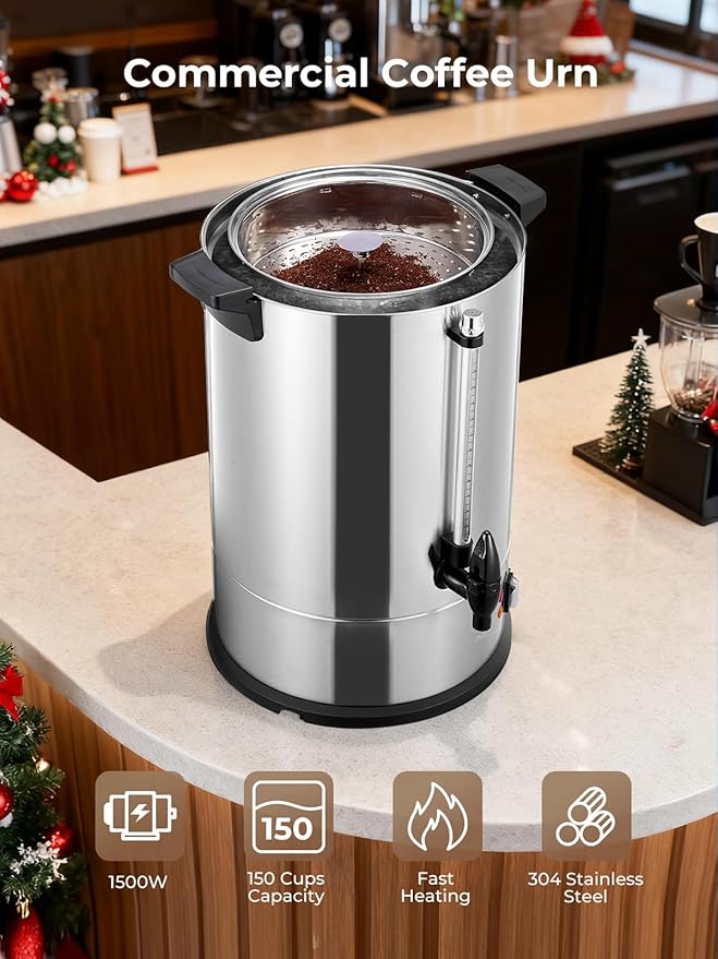 FOHERE Coffee Maker 150 Cups Commercial, Coffee Urn 15 L/3.96 Gal Electric Hot Beverage Dispenser with Dripless Faucet, 1500W Power Quick Brew, Stays Hot for Coffee & Beverage, Catering, Party