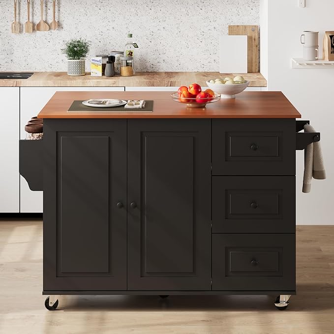 Mobile Kitchen Island with Drop Leaf, Rolling Kitchen Cart with 3 Drawers, Kitchen Storage Cabinet on Wheels, Island Table with Towel and Spice Rack for Dining Room, Living Room, Black
